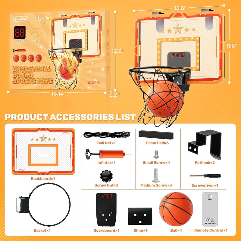 Indoor Basketball Hoop with LED Scoreboard for Boys 8-12