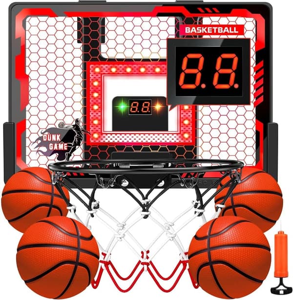 Indoor Basketball Hoop with LED Scoreboard & 4 Balls for Kids