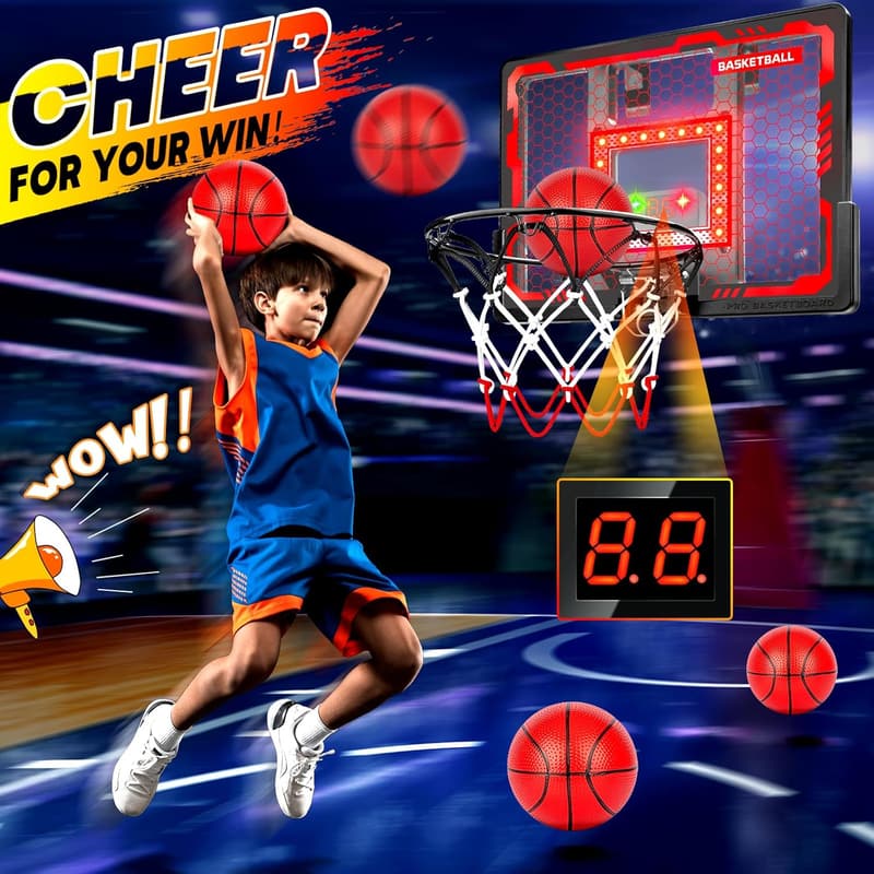 Indoor Basketball Hoop with LED Scoreboard & 4 Balls for Kids