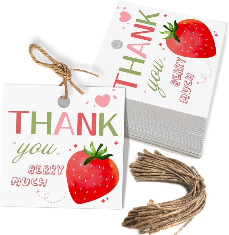 Strawberry-Themed Thank You Tags for Birthday & Baby Showers - Set of 50