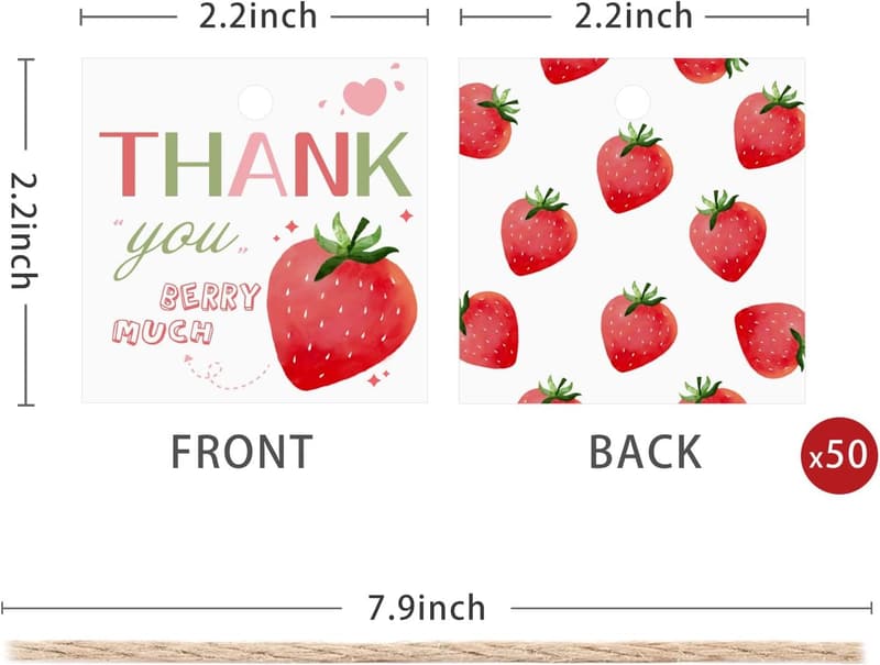 Strawberry-Themed Thank You Tags for Birthday & Baby Showers - Set of 50