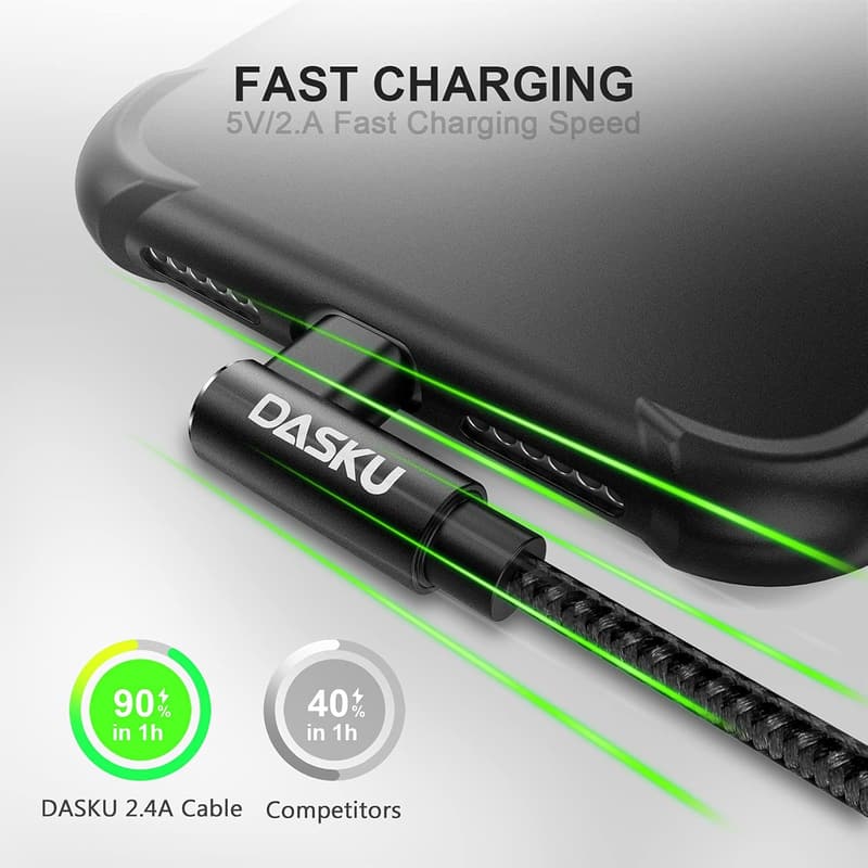 10ft Nylon Braided Right Angle Charging Cable for iPhone (2-Pack)