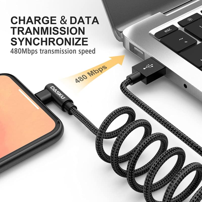 10ft Nylon Braided Right Angle Charging Cable for iPhone (2-Pack)