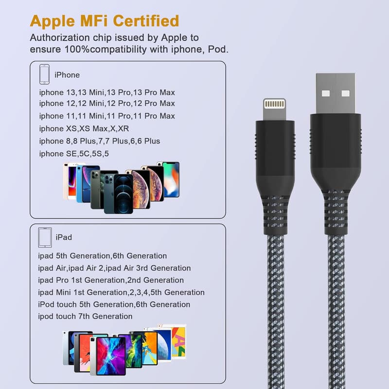 Apple MFi Certified 26FT Lightning Charging Cable - Nylon Braided