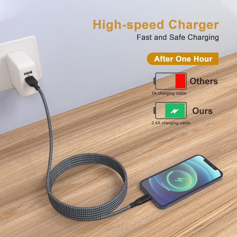 Apple MFi Certified 26FT Lightning Charging Cable - Nylon Braided