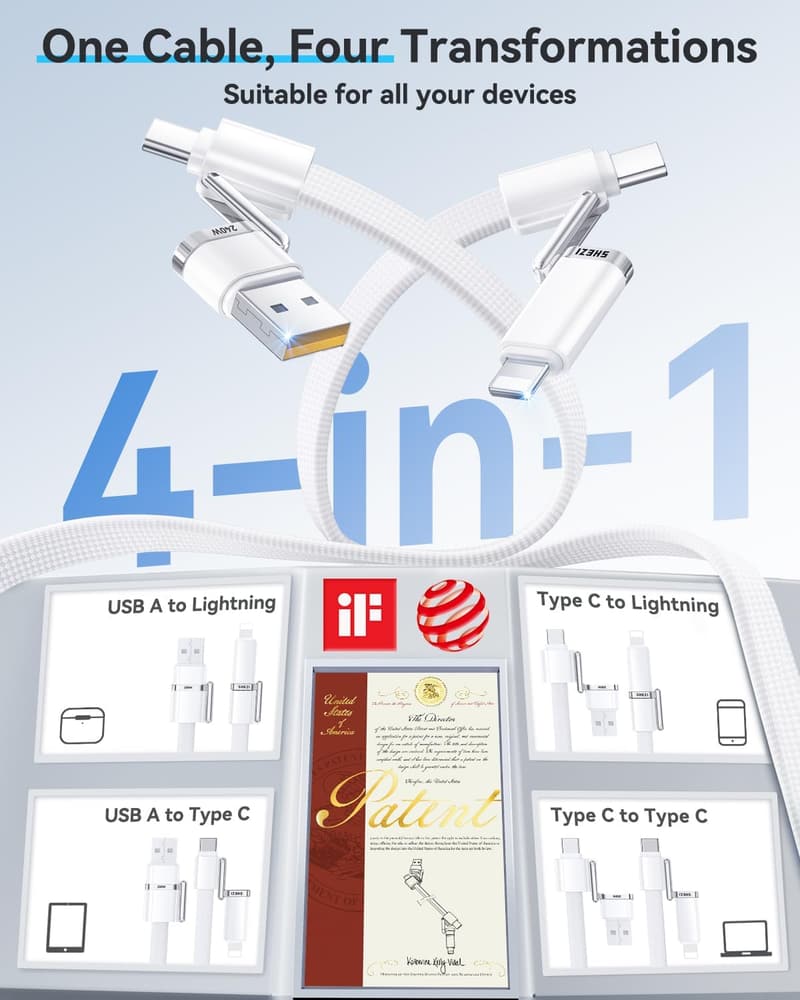 240W Fast Charging 4-in-1 USB C to Lightning Cable, 5FT White