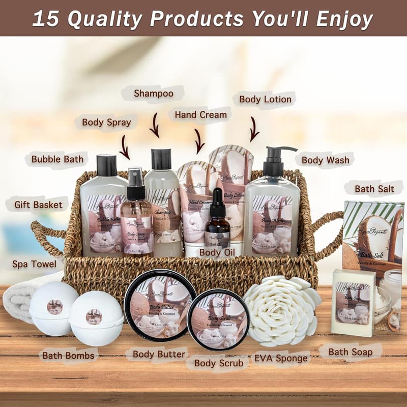 Luxury Bath Spa Gift Set with Coconut & Vanilla Essentials