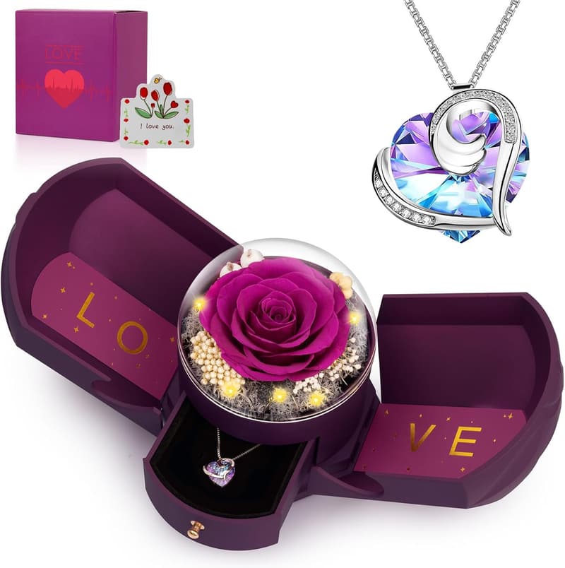 Purple Preserved Rose with Necklace - Perfect Gift for Women