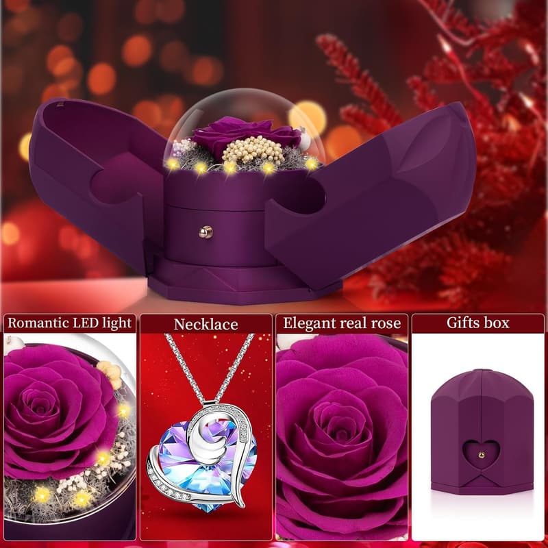 Purple Preserved Rose with Necklace - Perfect Gift for Women