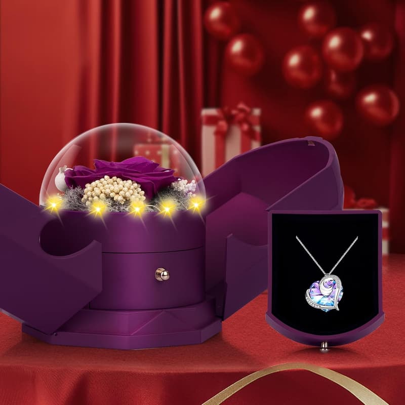 Purple Preserved Rose with Necklace - Perfect Gift for Women