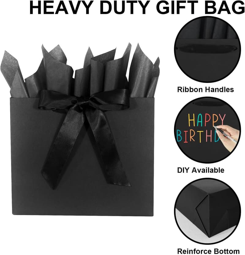 Elegant Black Gift Bag with Ribbons for Weddings and Parties