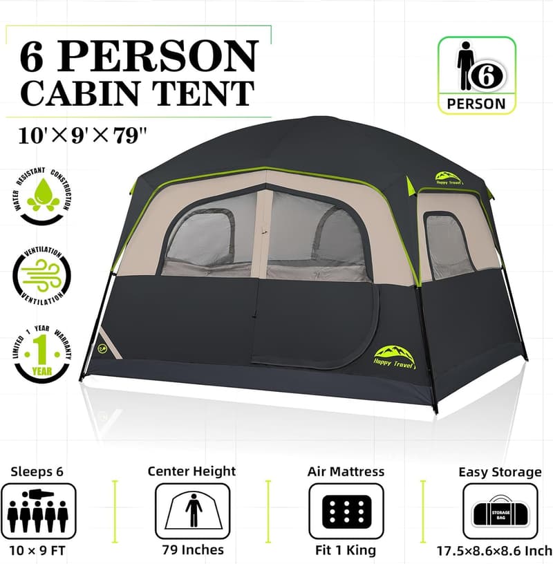 Portable 6-Person Waterproof Camping Tent with Rainfly