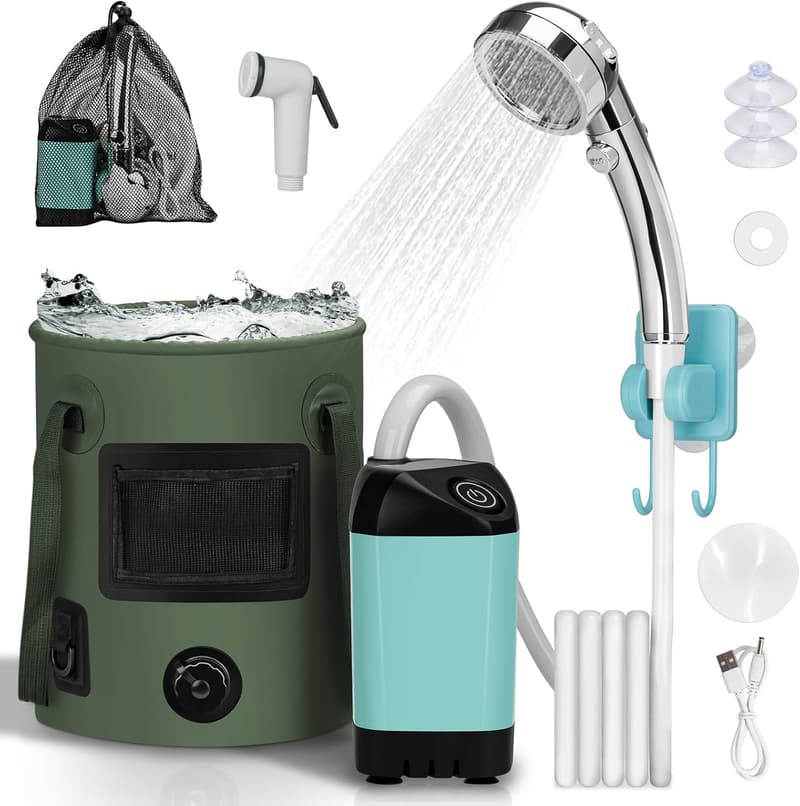Portable Camping Shower Kit with Privacy Tent and LED Lights
