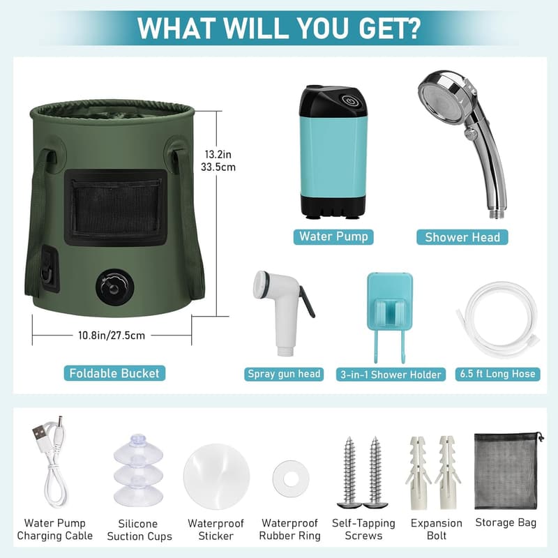 Portable Camping Shower Kit with Privacy Tent and LED Lights