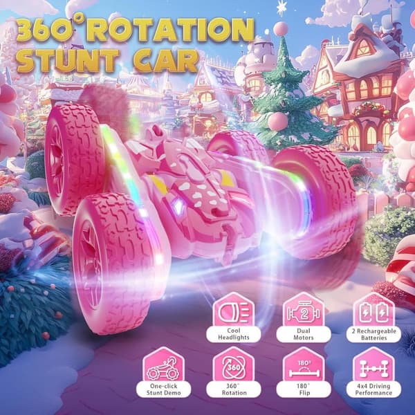 Pink Stunt RC Car for Girls - 360° Rotating, 4WD