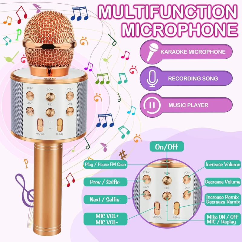 Bluetooth Karaoke Microphone for Girls Age 7-12 - Rose Gold