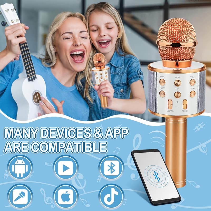 Bluetooth Karaoke Microphone for Girls Age 7-12 - Rose Gold