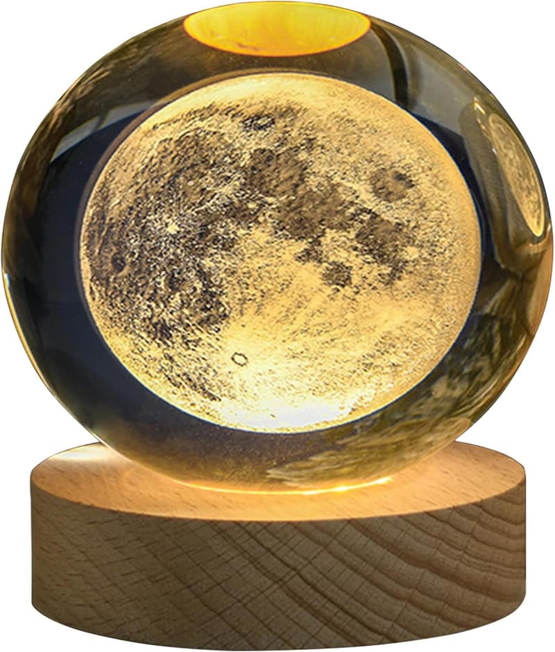 Moon Crystal Ball Lamp with Wooden Base - 3D Nightlight for Teens