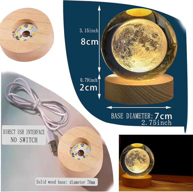 Moon Crystal Ball Lamp with Wooden Base - 3D Nightlight for Teens