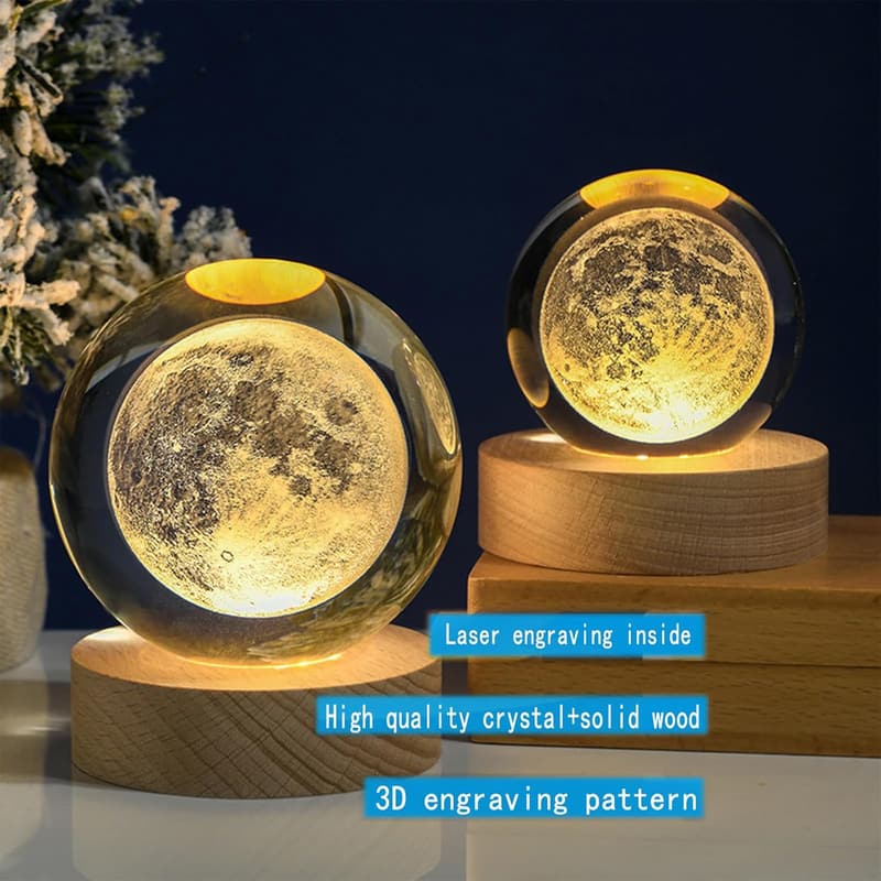 Moon Crystal Ball Lamp with Wooden Base - 3D Nightlight for Teens