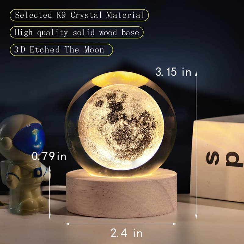 3D Moon Crystal Ball Night Light with LED Stand
