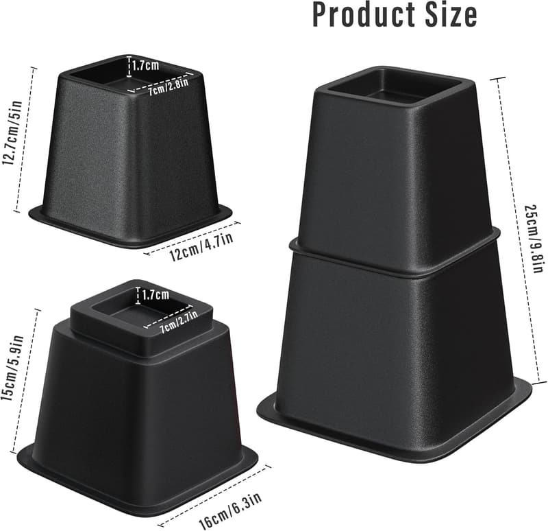 Adjustable Heavy-Duty Furniture Risers - 3, 5, 8 Inch (Black)