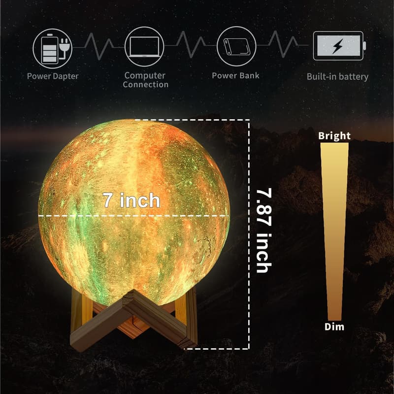 LED Moon Lamp, 16 Colors, 3D Printing, USB Rechargeable, Kids Gift