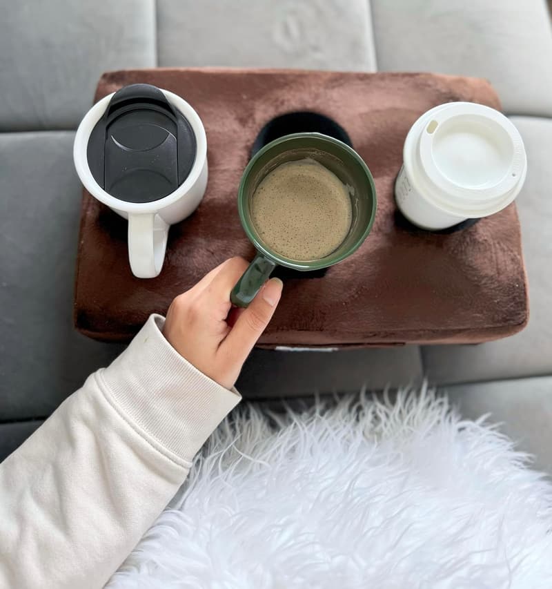 Cup Cozy Pillow - Gray Drink Holder for Couch, Bed, Car