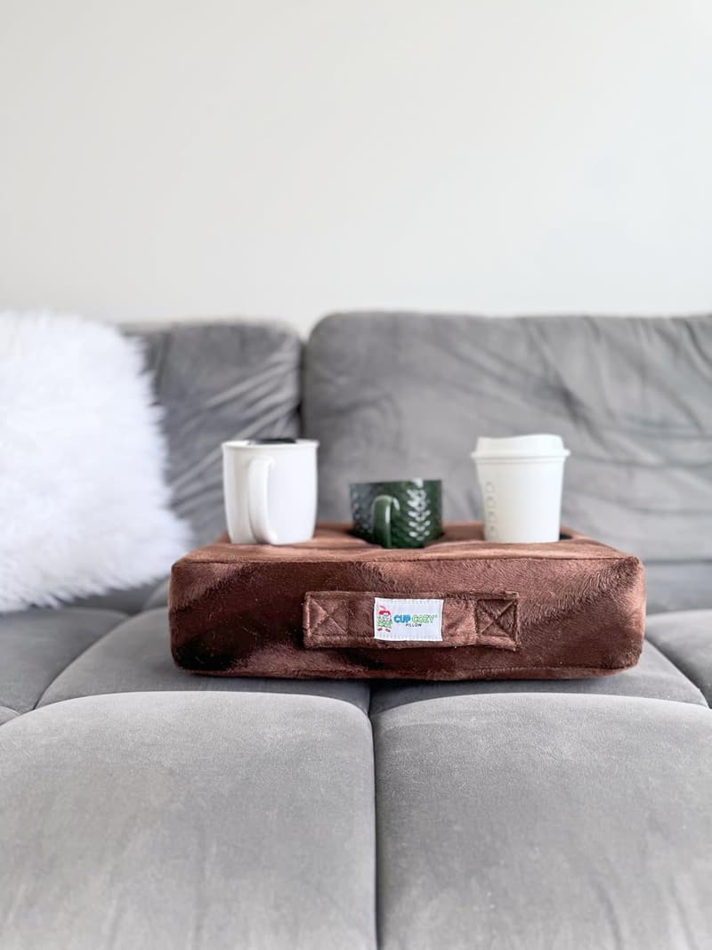 Cup Cozy Pillow - Gray Drink Holder for Couch, Bed, Car