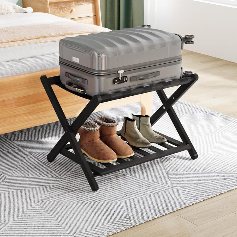 Bamboo Foldable Luggage Rack with Shelf for Guest Room