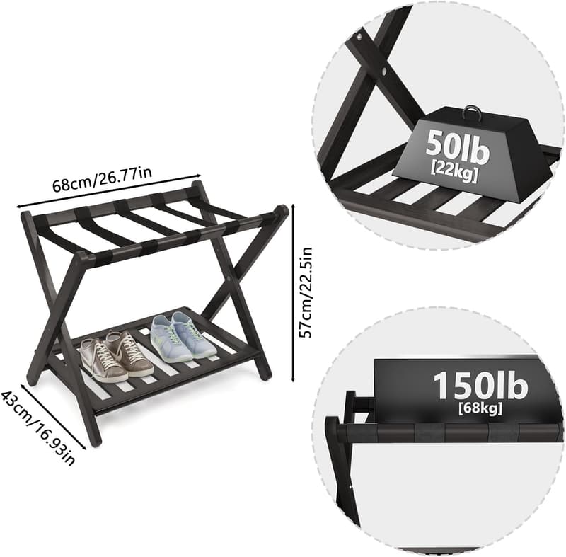 Bamboo Foldable Luggage Rack with Shelf for Guest Room