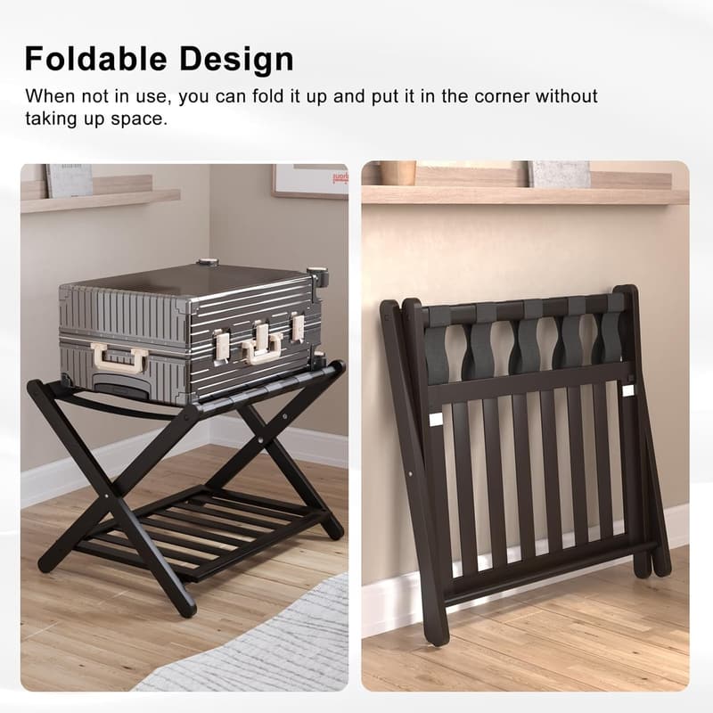 Bamboo Foldable Luggage Rack with Shelf for Guest Room
