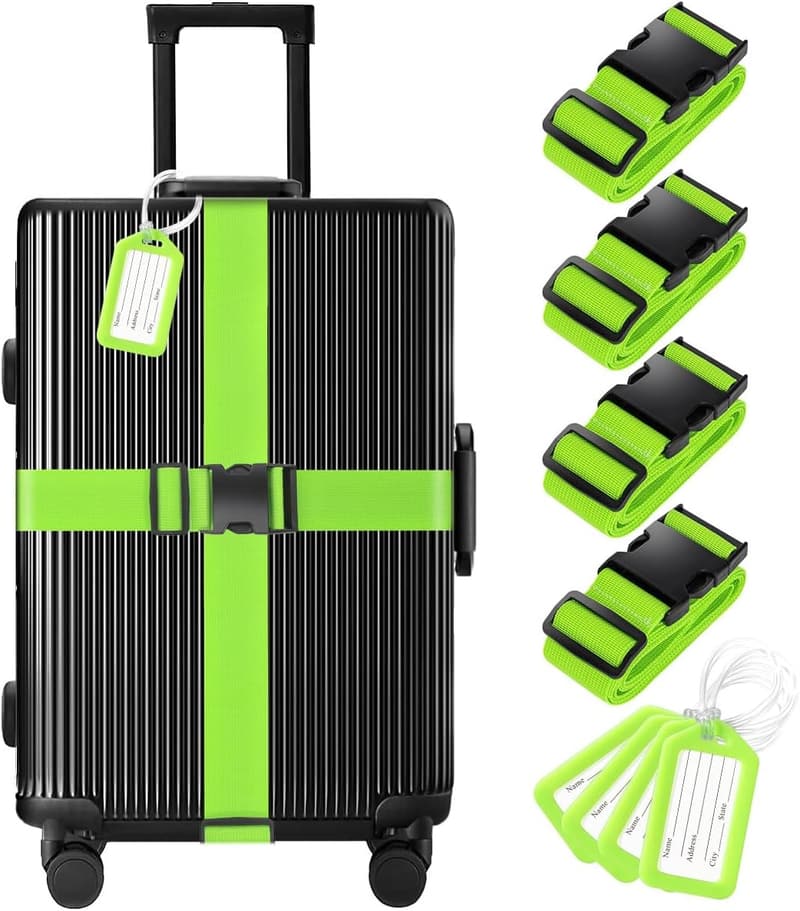 TSA Approved Green Luggage Straps and Tags Set - 8 Pack