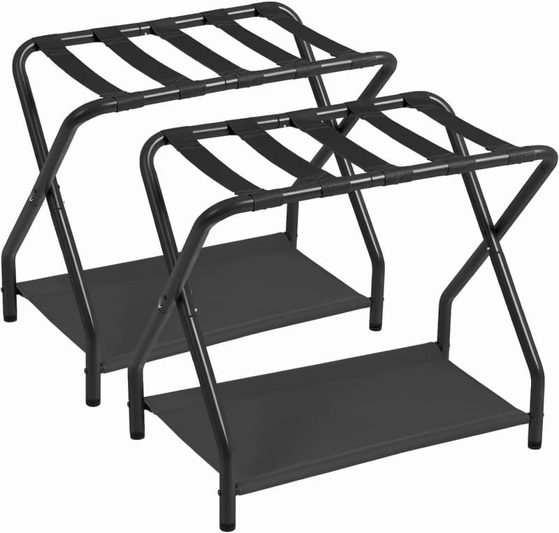 Foldable Metal Luggage Rack Set with Storage Shelf - Black