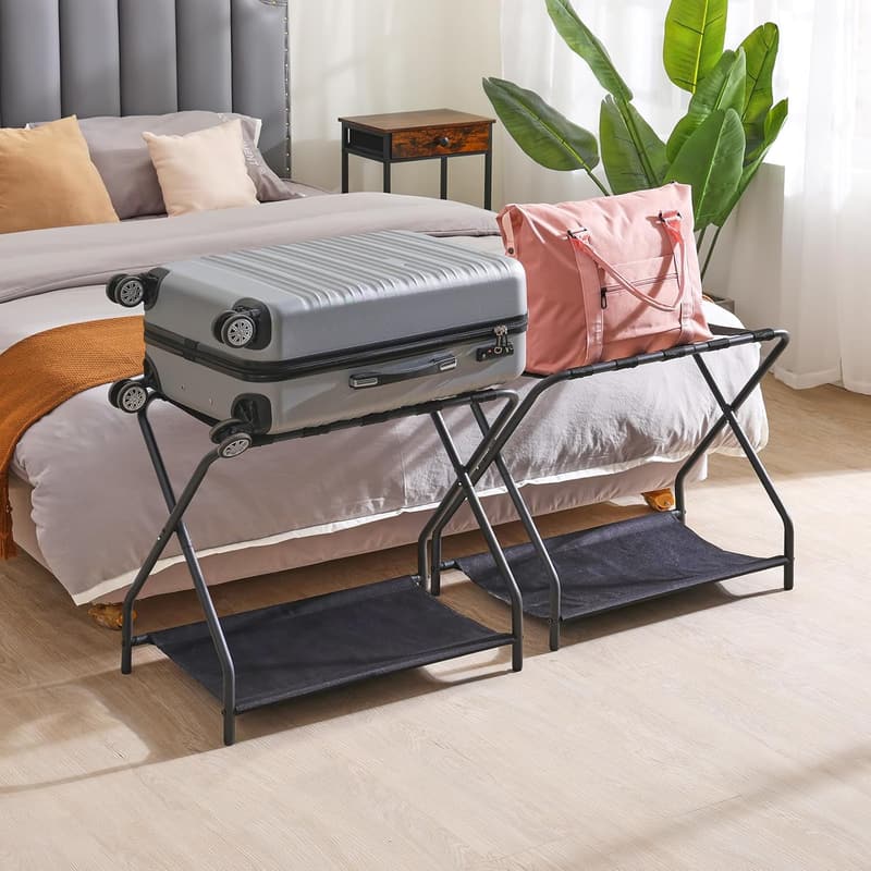 Foldable Metal Luggage Rack Set with Storage Shelf - Black