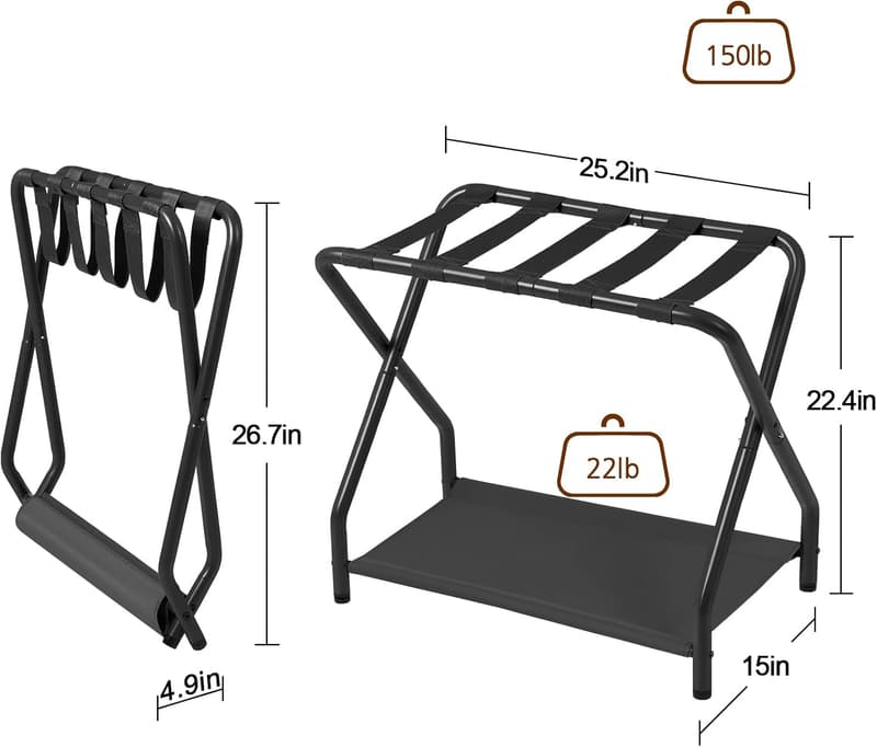 Foldable Metal Luggage Rack Set with Storage Shelf - Black