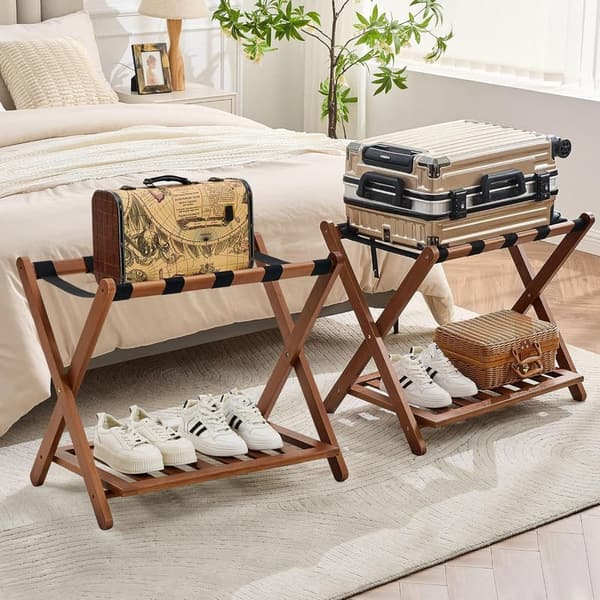 Bamboo Luggage Racks Set of 2 with Storage Shelf, 165 Lbs Capacity