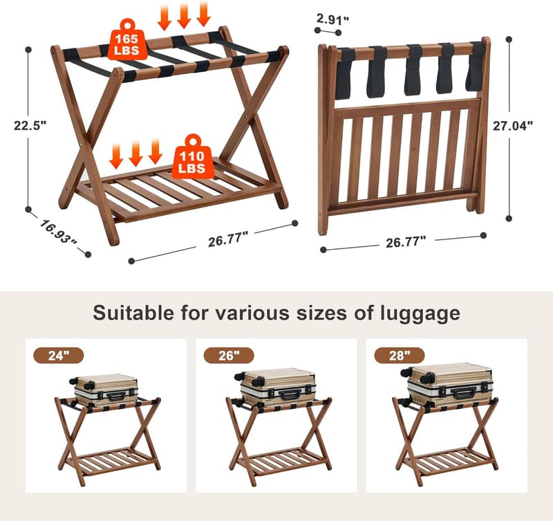 Bamboo Luggage Racks Set of 2 with Storage Shelf, 165 Lbs Capacity