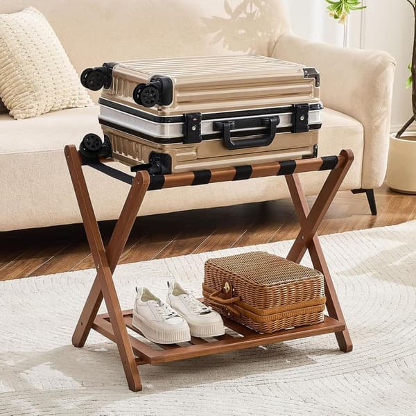 Bamboo Luggage Racks Set of 2 with Storage Shelf, 165 Lbs Capacity