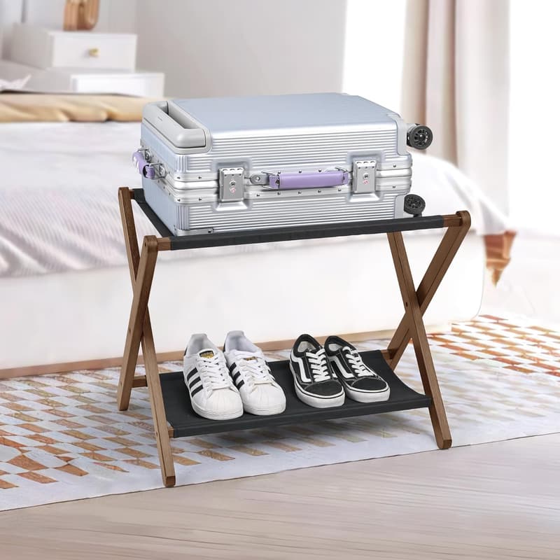 Bamboo Folding Luggage Rack with Storage Shelf - 131 lb Capacity