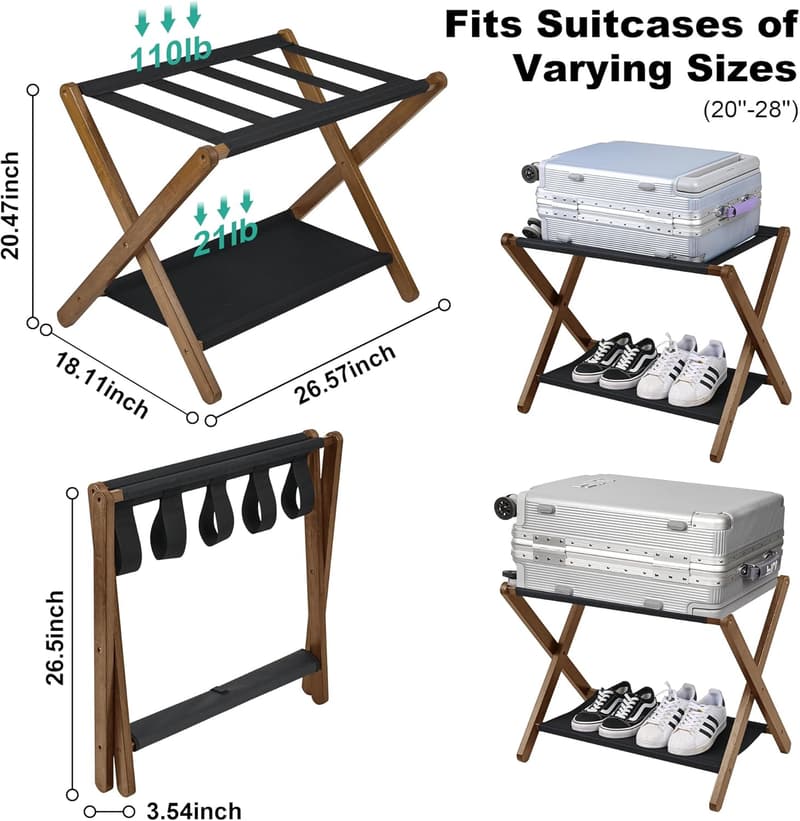 Bamboo Folding Luggage Rack with Storage Shelf - 131 lb Capacity