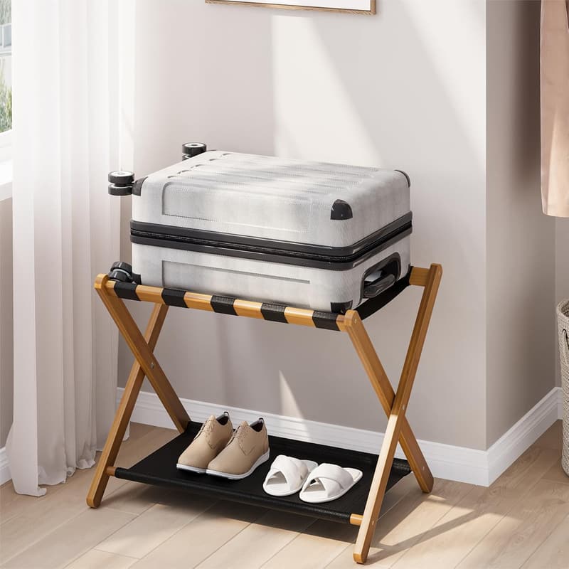 Folding Walnut Bamboo Luggage Rack with Storage Shelf
