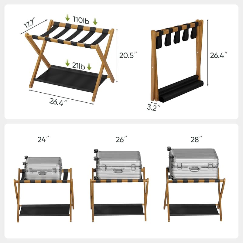 Folding Walnut Bamboo Luggage Rack with Storage Shelf