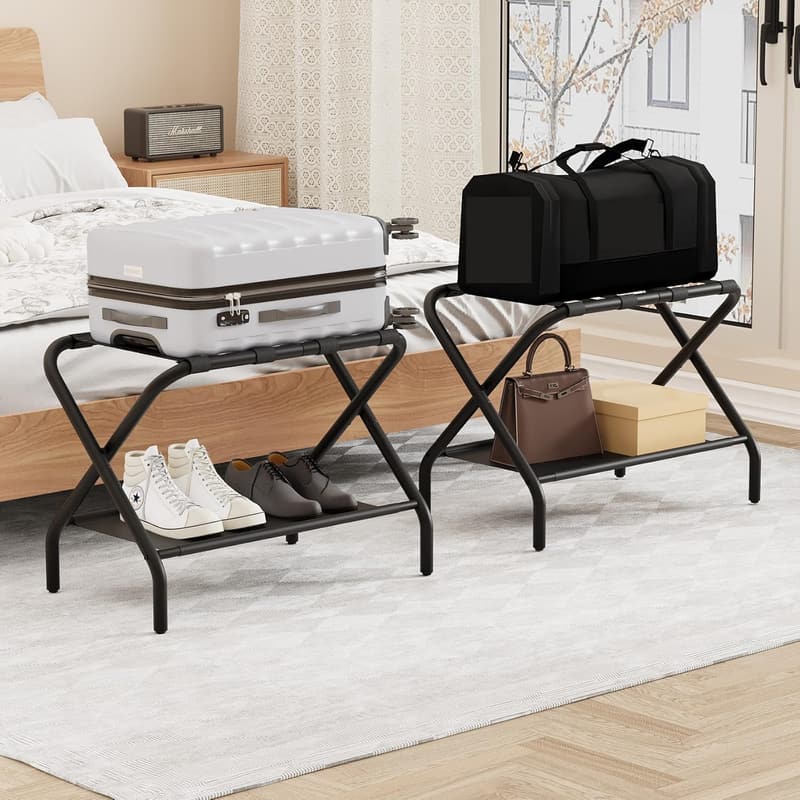 Foldable Black Luggage Rack for Guest Room - Pack of 2