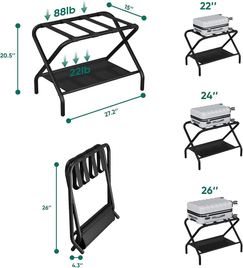Foldable Black Luggage Rack for Guest Room - Pack of 2