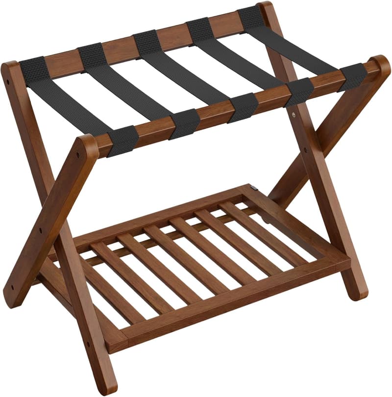 Foldable Solid Wood Luggage Rack with Storage Shelf