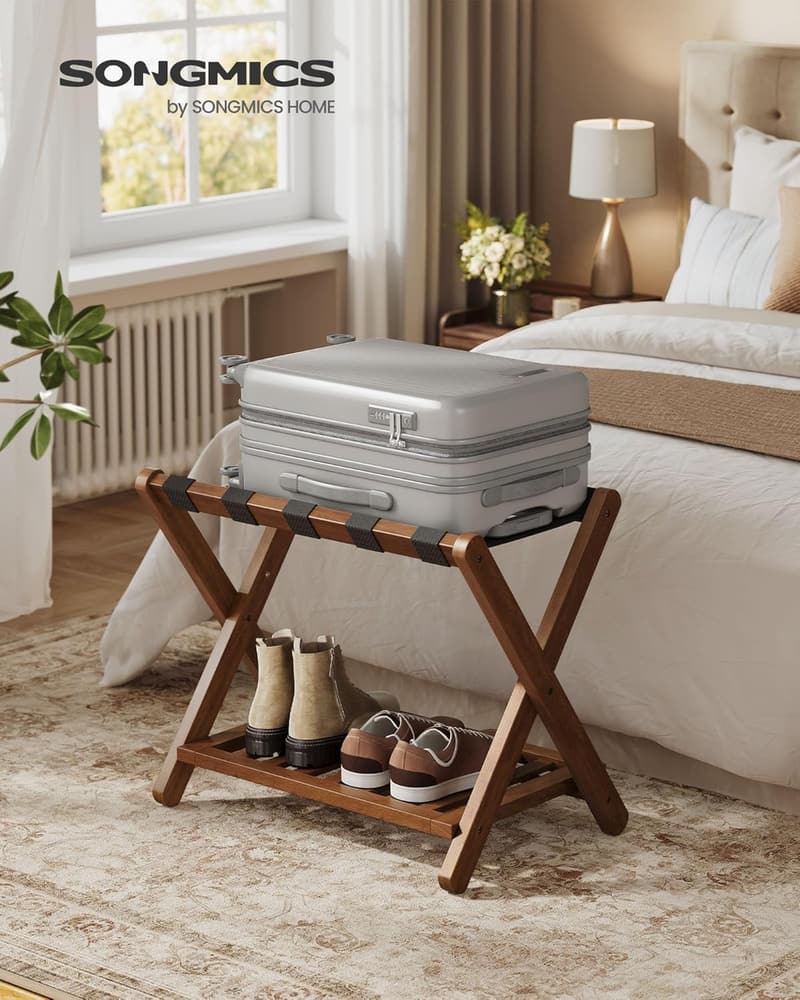 Foldable Solid Wood Luggage Rack with Storage Shelf