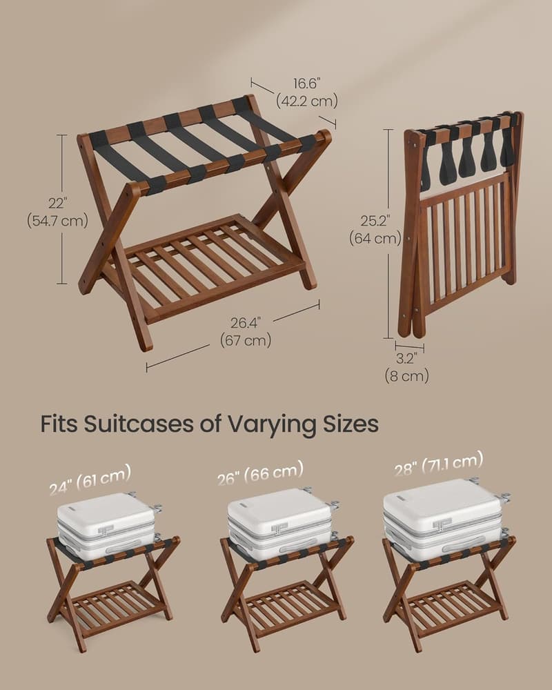 Foldable Solid Wood Luggage Rack with Storage Shelf