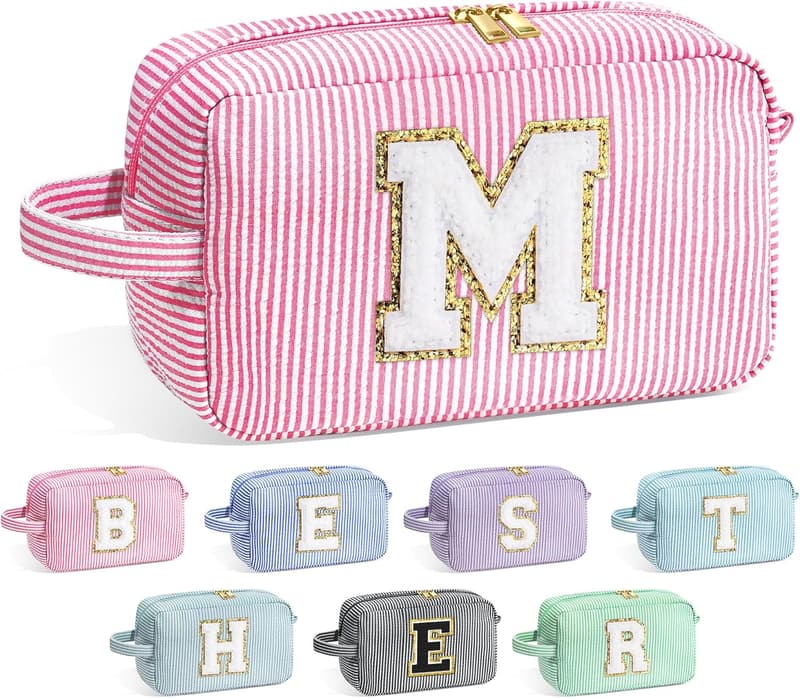Trendy Pink Initial Makeup Bag for Teen Girls