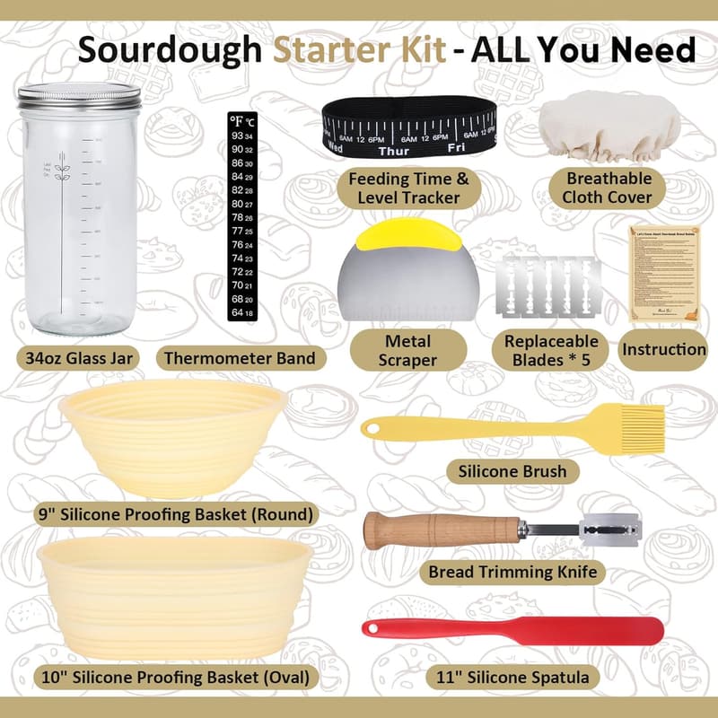 Sourdough Starter Kit with Bread Proofing Baskets and Tools